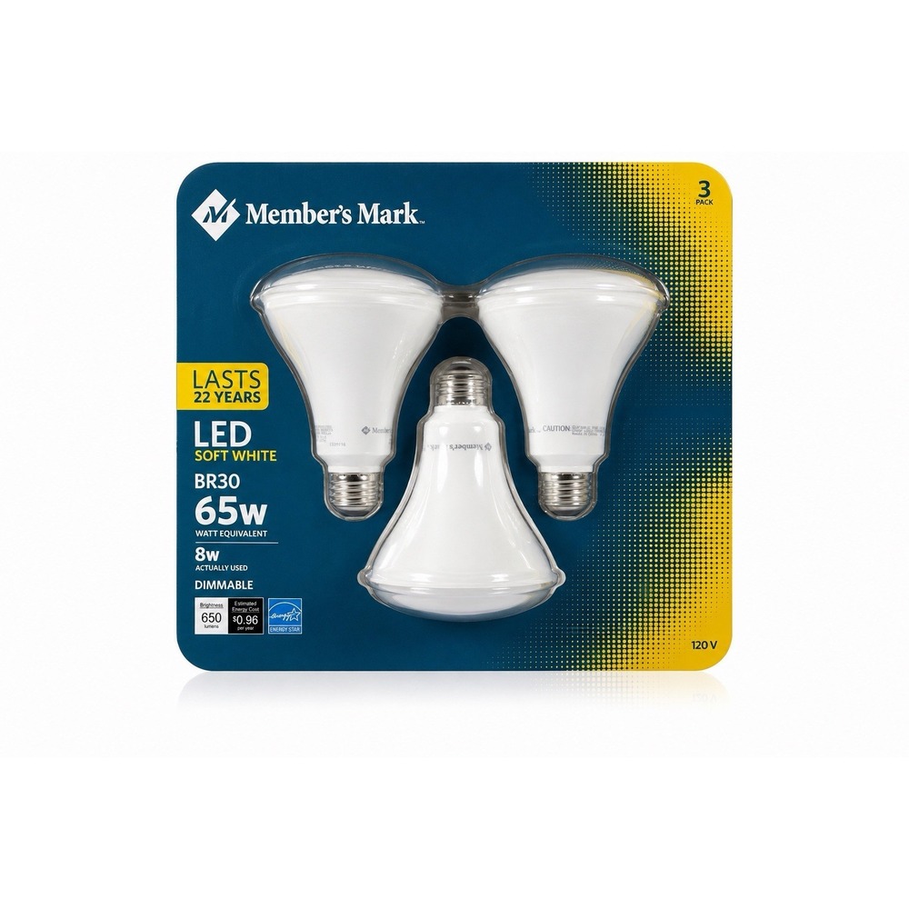 Member's Mark BR30 LED LIGHT BULBS 3pk 65W Equivalent Soft White 2700K Dimmable